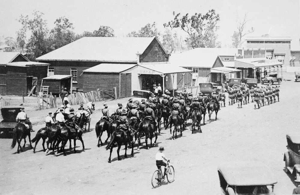 Jandowae Troop of the 11th Light Horse Regiment parading through the streets of Jandowae, 1929