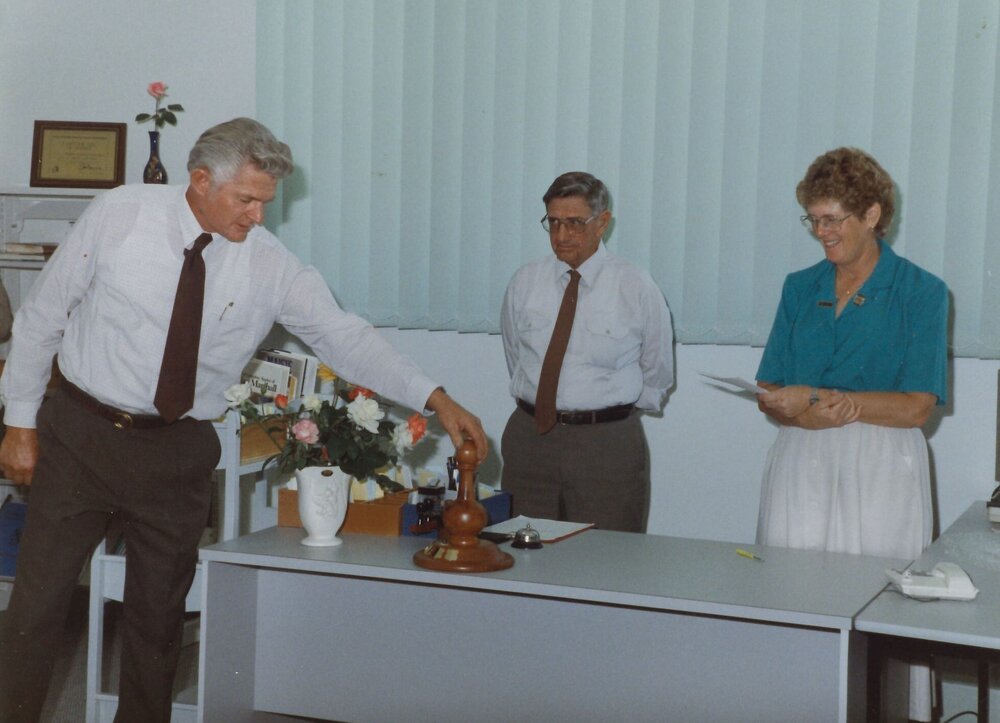Councillor Rob Eley, Chairman Don Whiteman, &amp; Councillor Carol Green at the opening of Meandarra Library, 1993