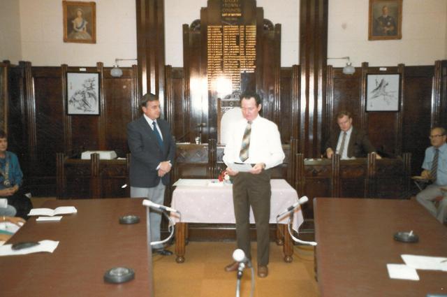 Councillor Reginald Kerslake reciting the Oath of Office, Dalby Town Council, circa 1982