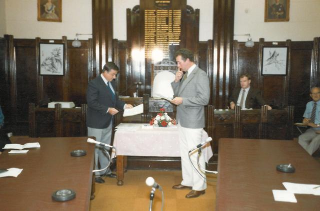 Alderman David Blake reciting the Oath of Office, Dalby Town Council, 1985