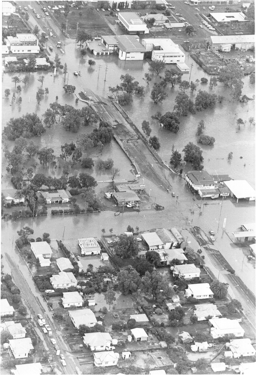 Aerial view of Myall Creek in flood, Dalby, 1983