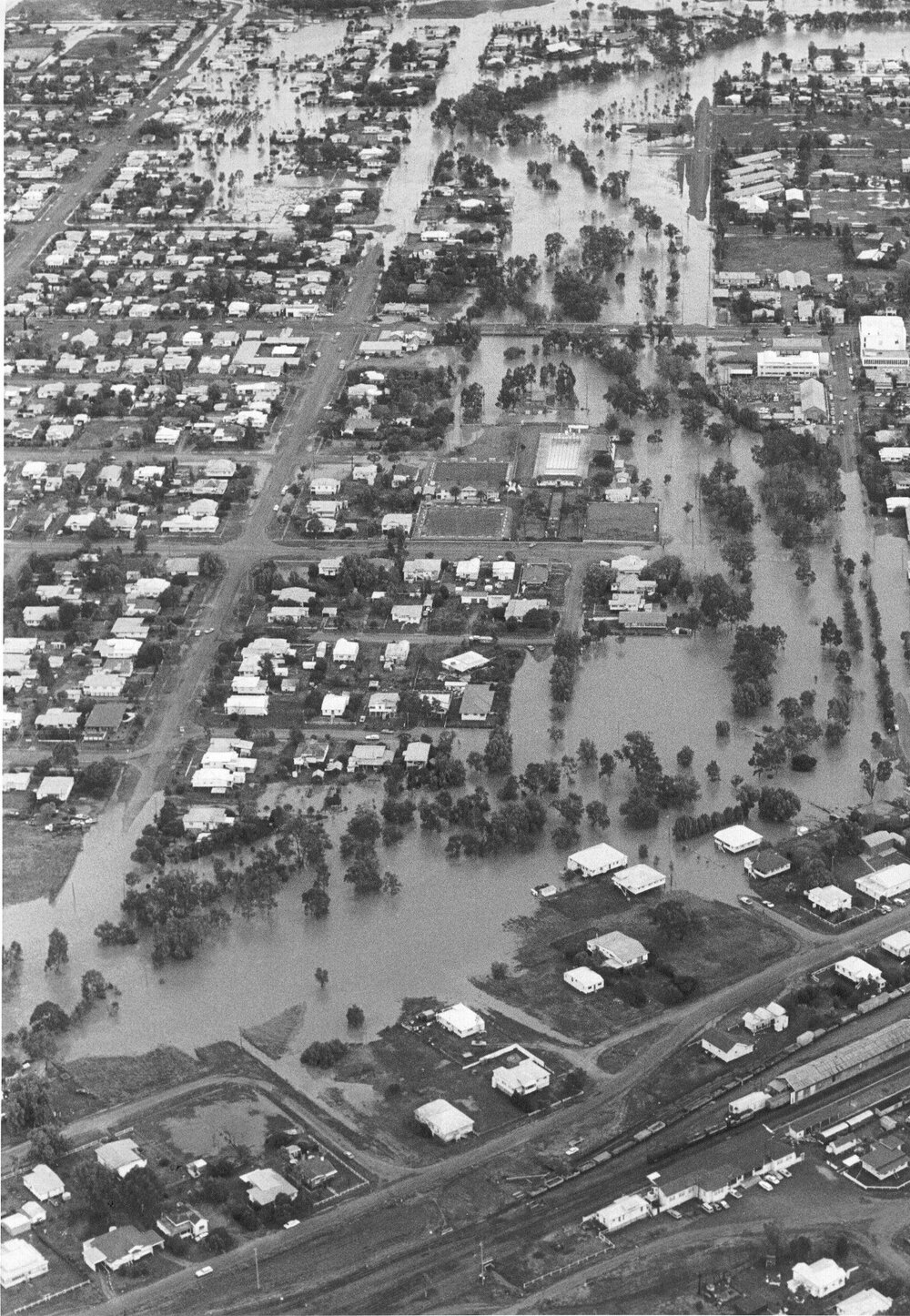 Aerial view of Myall Creek in flood, Dalby, 1984