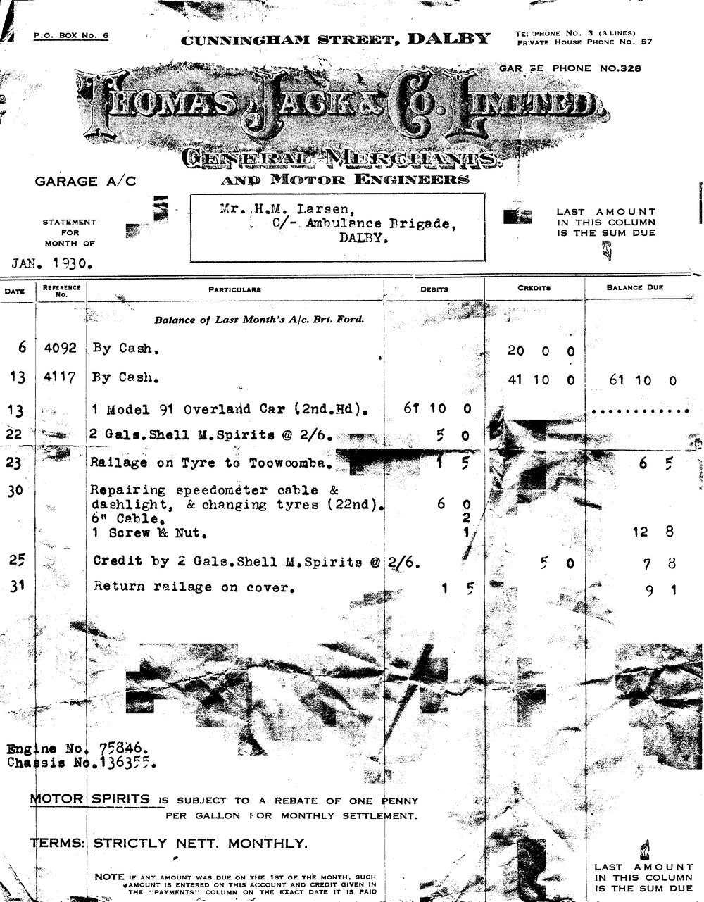 Thomas Jack &amp; Co. Ltd. monthly account, 1930