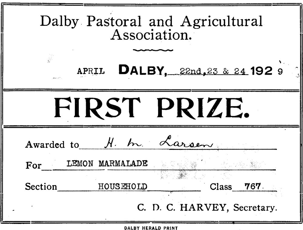 Dalby Show first prize card, 1929