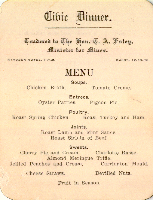 Windsor Hotel Civic Dinner menu &amp; toast list, Dalby, 1938