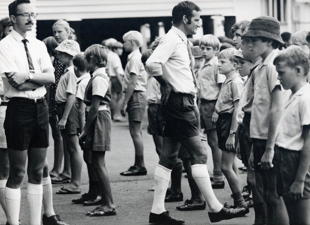 Teachers on yard patrol at Dalby South State School, 1975