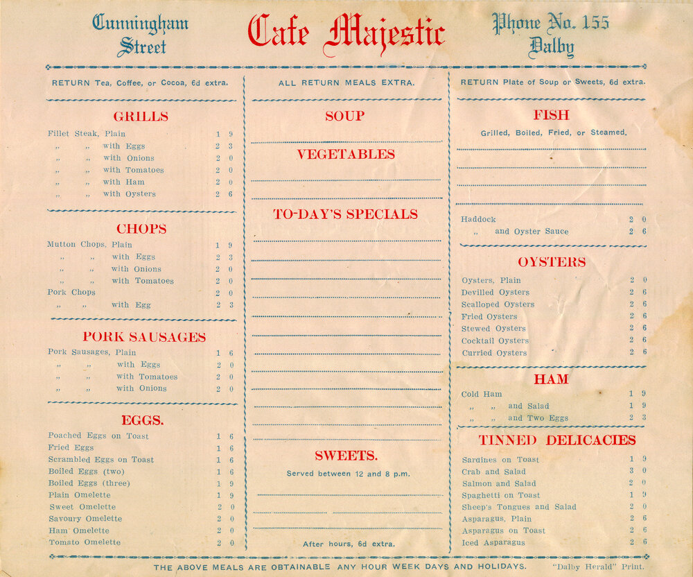 Cafe Majestic menu, Dalby, circa 1930s
