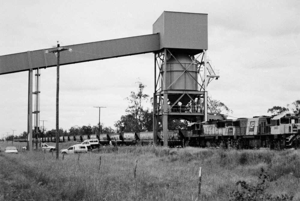 Train being loaded at Macalister Coal Loading Facility, circa 1994