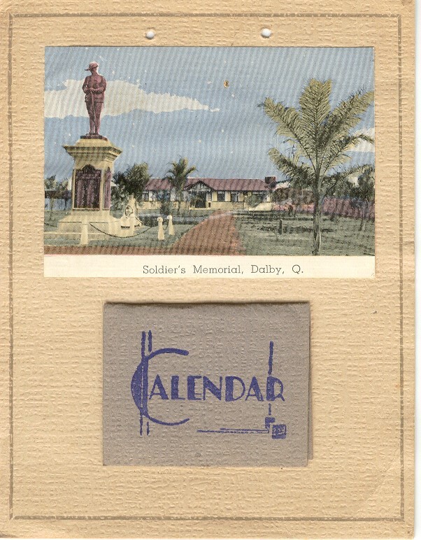 Calendar with Soldier's Memorial image, Dalby, 1945