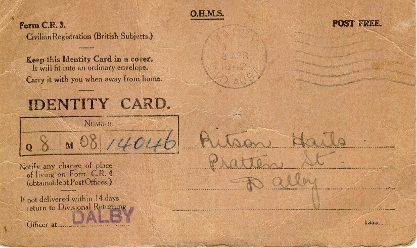 Identity Card issued to Ritson Hails, Dalby, 1942