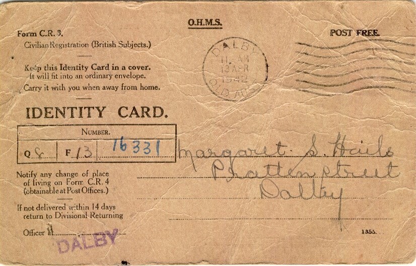 Identity Card issued to Margaret Hails, Dalby, 1942