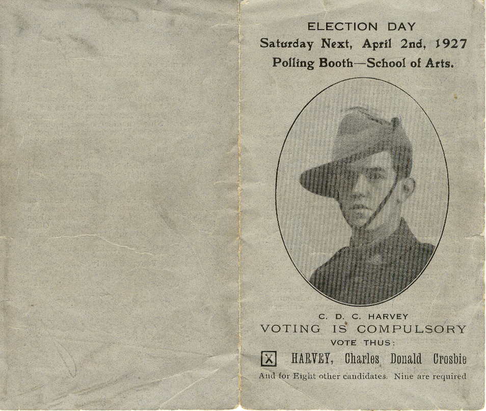 Council election flyer for candidate Charles Donald Crosbie Harvey, Dalby Town Council,1927