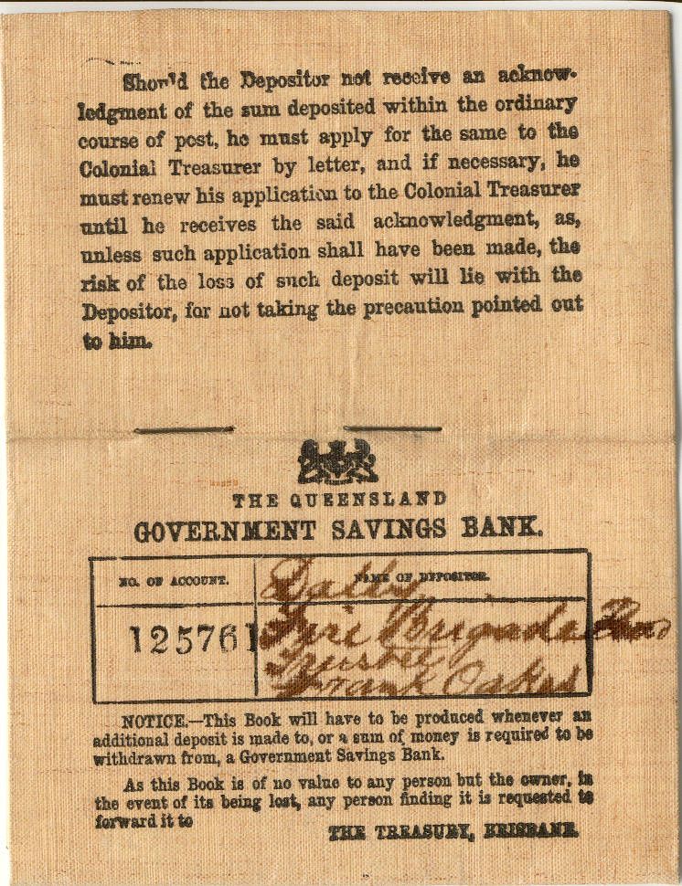 Dalby Fire Brigade Board bank book &amp; envelope, 1885