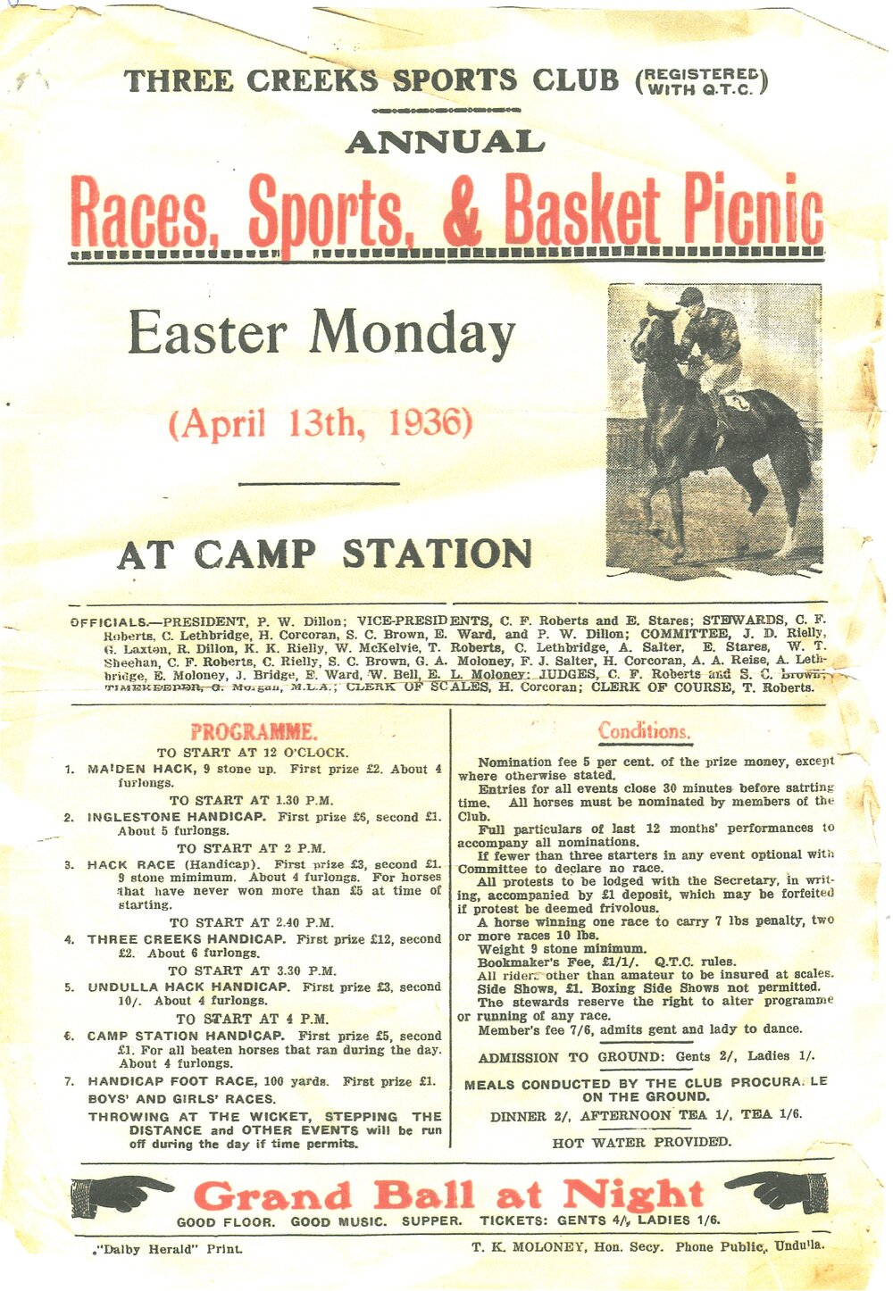 Three Creeks Sports Club flyer, Undulla, 1936
