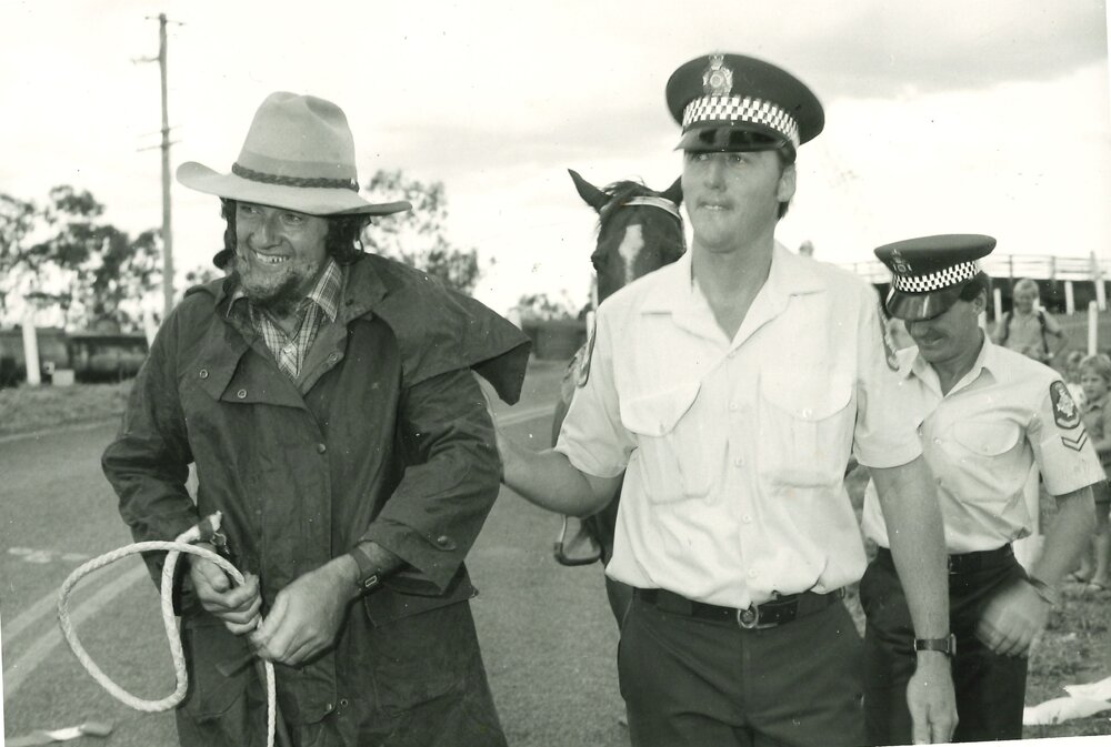 Mock arrest at the decommissioning of the Chinchilla Overhead Railway Bridge, 1987