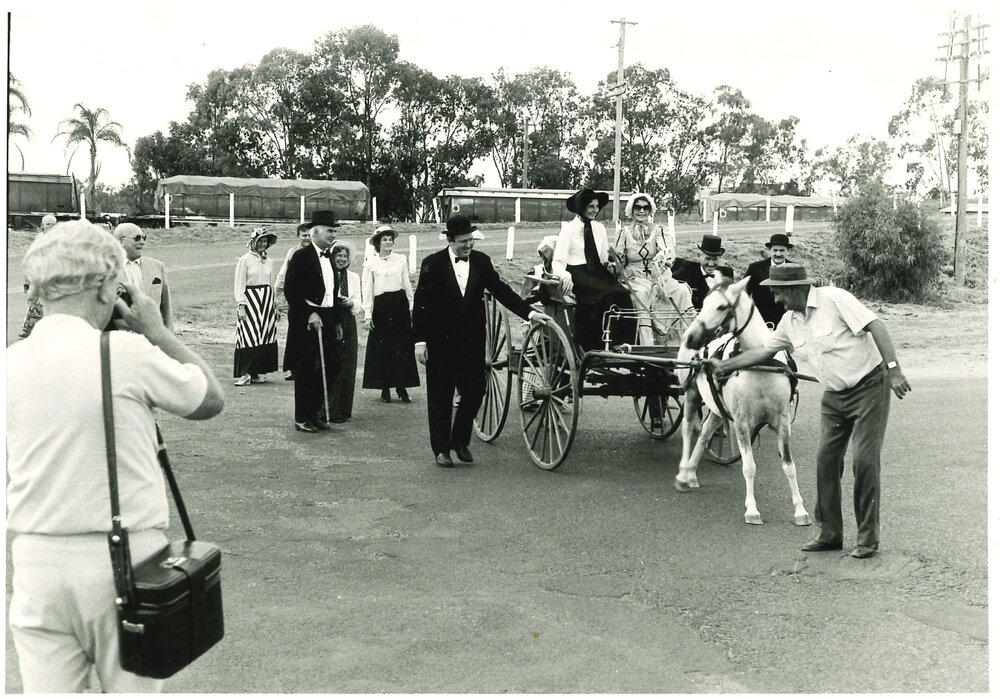 People in period costume at the decommissioning of the Chinchilla Overhead Railway Bridge, 1987