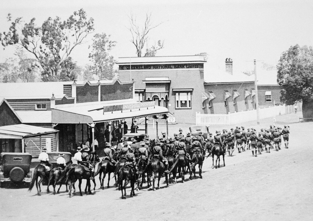 Jandowae Troop of the 11th Light Horse Regiment parading down George Street, Jandowae, 1929