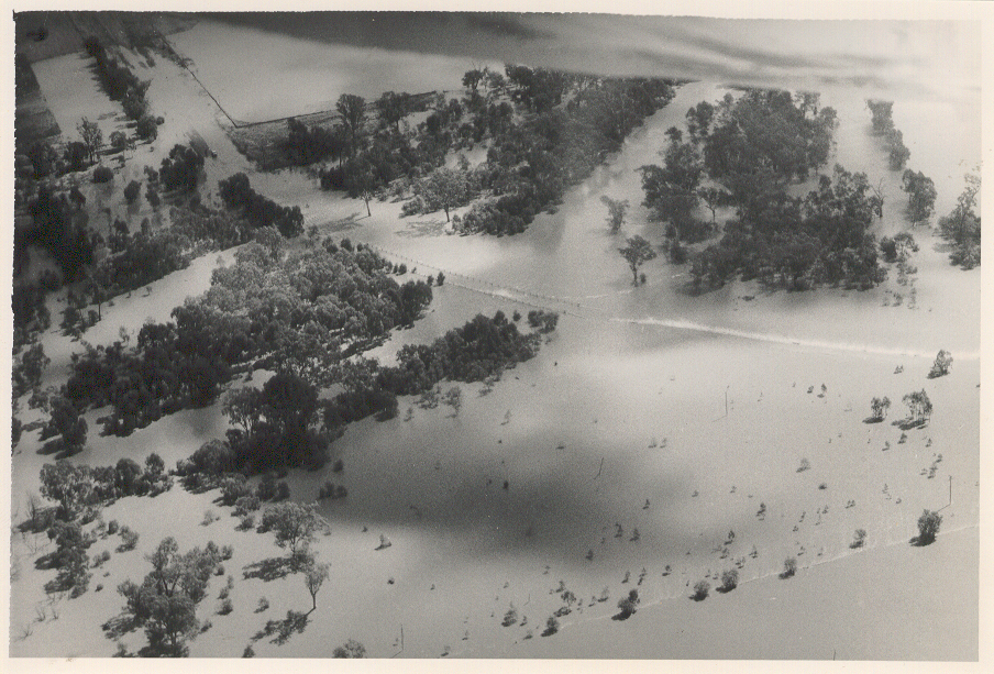 Aerial view of flooding at Loudoun Bridge, Dalby, 1988