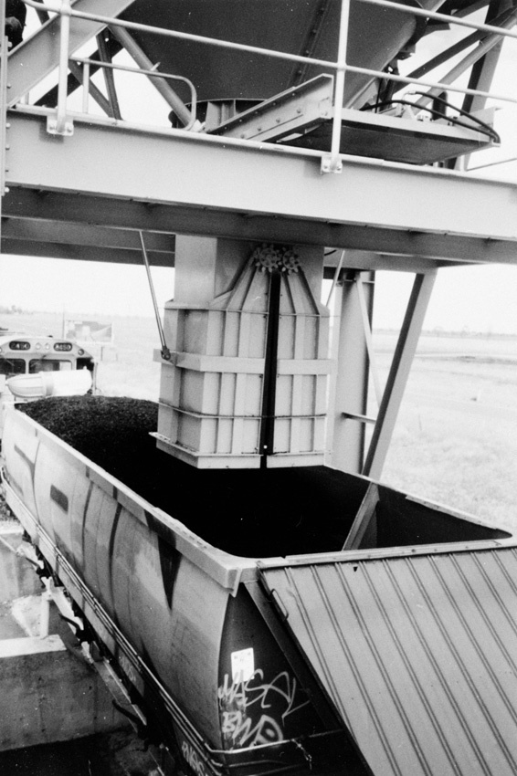 Loading a coal train at the Macalister Coal Loading Facility, circa 1994