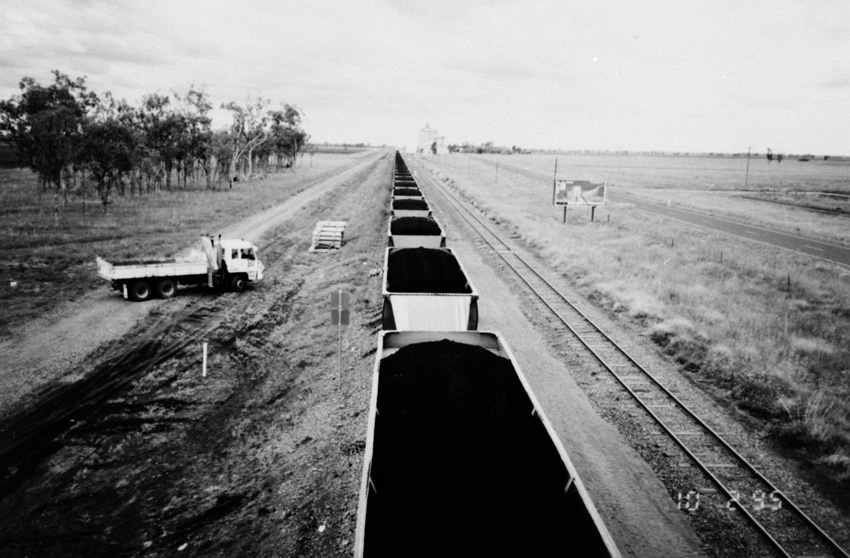 A loaded coal train at the Macalister Coal Loading Facility, circa 1994