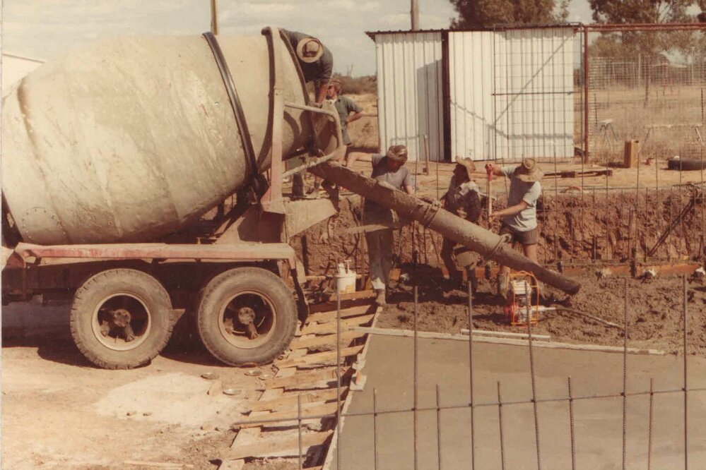 Pouring cement for the Meandarra State School pool, 1982