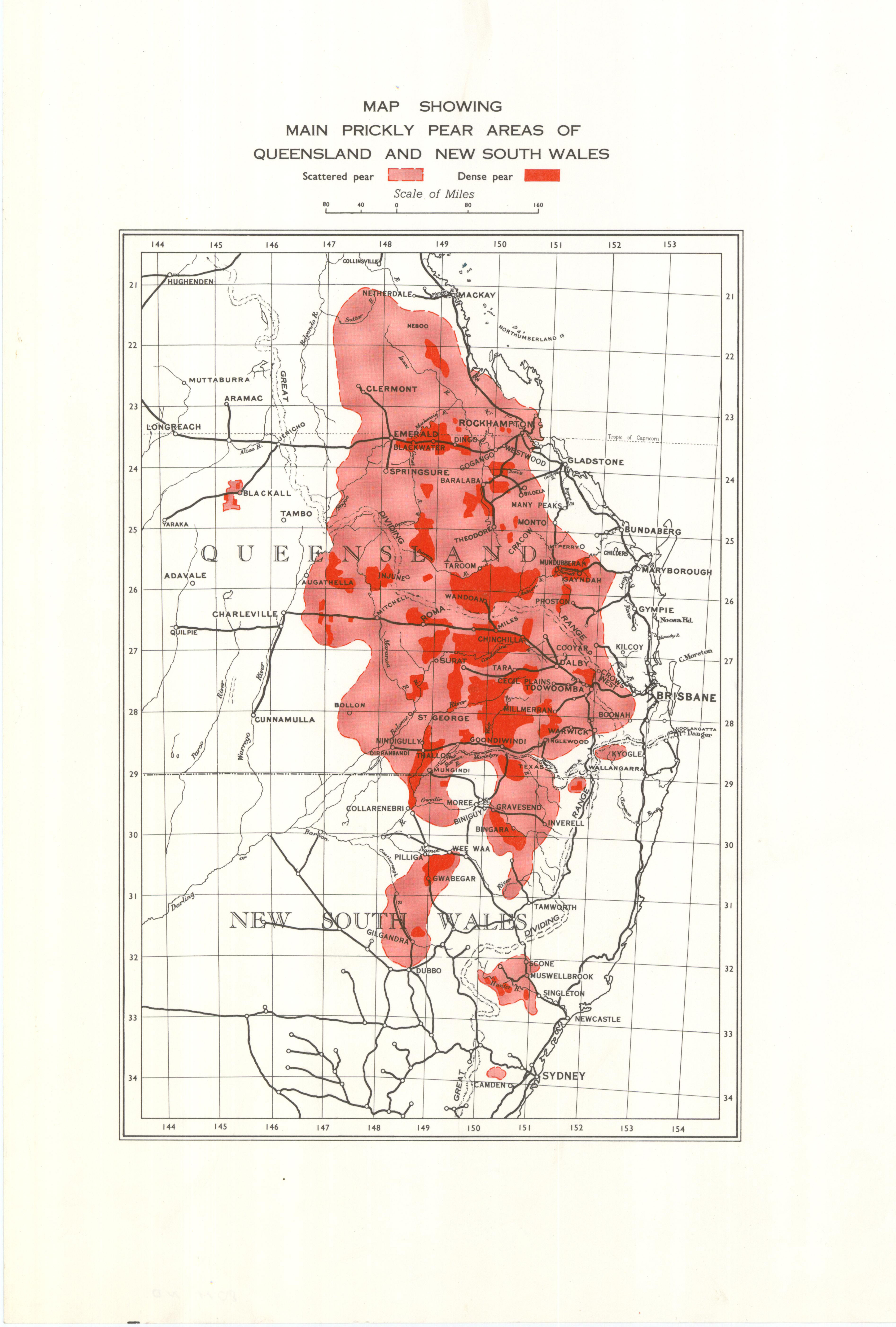 Map showing main prickly pear areas of Queensland and New South Wales, circa 1930.
Queensland State Archives
