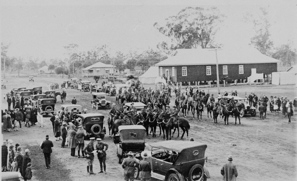Jandowae Troop of the 11th Light Horse Regiment preparing to parade through the streets of Jandowae, 1929