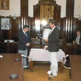 Alderman Bruce Christie reciting the Oath of Office, Dalby Town Council, 1985