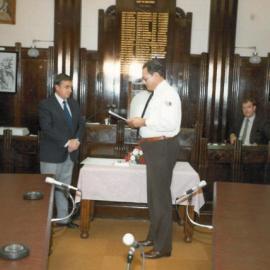 Councillor John Campbell reciting the Oath of Office, Dalby Town Council, circa 1982