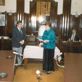 Mayor Meg Wuth reciting Oath of Office, Dalby Town Council, circa 1982
