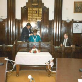 Meg Wuth receiving Mayoral Chain of Office, Dalby Town Council, circa 1982