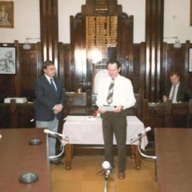Councillor Reginald Kerslake reciting the Oath of Office, Dalby Town Council, circa 1982