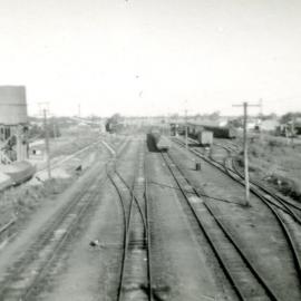 Aerial view of Dalby railway yards from the pedestrian bridge, 1956