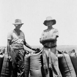 Two men with grain bags, no location, no date