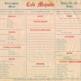 Cafe Majestic menu, Dalby, circa 1930s